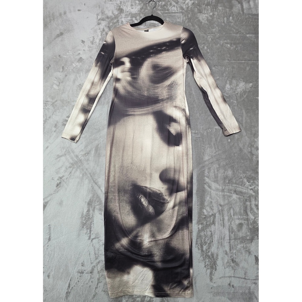 SHEIN Women Graphic Face Print Long Sleeve Bodycon Maxi Dress Black White M 6